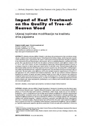 Impact of heat treatment on the quality of tree-of-heaven wood = Utjecaj toplinske modifikacije na kvalitetu drva pajasena / Ioannis Barboutis, Vasiliki Kamperidou.