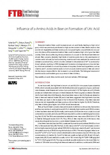 Influence of D-amino acids in beer on formation of uric acid / Yuhe Kan, Zhikun Zhang, Kunhao Yang, Mengru Ti, Yongqi Ke, Li Wu, Jingkui Yang, Yujian He.