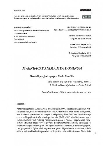 Magnificat anima mea Dominum   : hrvatski prepjev i egzegeza Marka Marulića  / Zvonko Pandžić.
