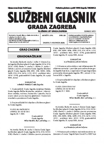 Službeni glasnik grada Zagreba : 64,20(2020) / glavna urednica Mirjana Lichtner Kristić.