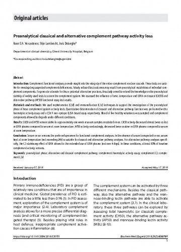 Preanalytical classical and alternative complement pathway activity loss / Koen O. A. Vercauteren, Stijn Lambrecht, Joris Delanghe.