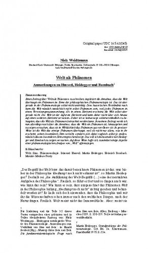 Welt als Phänomen : Anmerkungen zu Husserl, Heidegger und Rombach / Niels Wiedtmann.