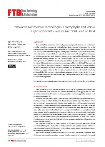 Innovative nonthermal technologies : chlorophyllin and visible light significantly reduce microbial load on basil / Egle Paskeviciute, Zudyte Bernadeta, Zivile Luksiene.