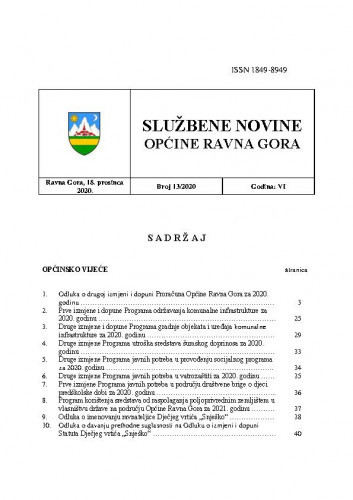 Službene novine Općine Ravna Gora : službeno glasilo Općine Ravna Gora : 6,13(2020) / glavni urednik Mišel Šćuka.