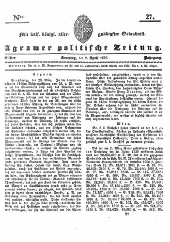 Agramer politische Zeitung : 11,27(1836) / Verlager und Redacteur Franz Stauduar und Ferd. Rosenau.
