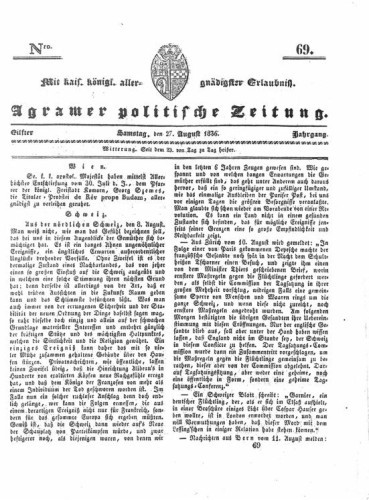 Agramer politische Zeitung : 11,69(1836) / Verlager und Redacteur Franz Stauduar und Ferd. Rosenau.