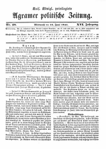 Agramer politische Zeitung : 16,48(1841) / Verlager und Redacteur Franz Stauduar und Ferdinand Rosenau.