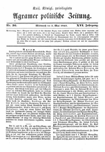 Agramer politische Zeitung : 16,36(1841) / Verlager und Redacteur Franz Stauduar und Ferdinand Rosenau.