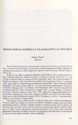 Mjesto Šimuna Kožičića u glagoljaštvu 16. stoljeća /Anica Nazor