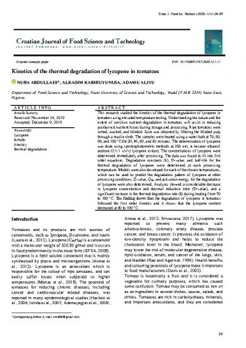 Kinetics of the thermal degradation of lycopene in tomatoes / Adamu Aliyu, Alkasim Kabiruyunusa, Nura Abdullahi.