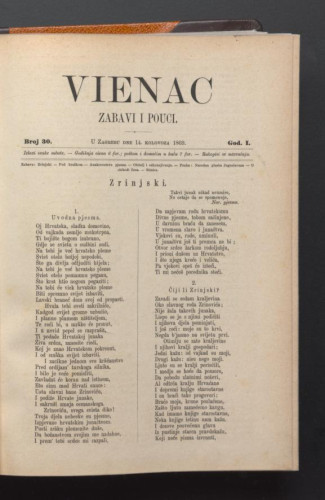 Vienac : zabavi i pouci. : 1,30(1869) / urednik Gjuro Deželić.
