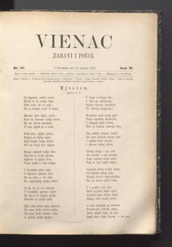Vienac : zabavi i pouci. : 2,25(1870) / urednik Ivan Perkovac.