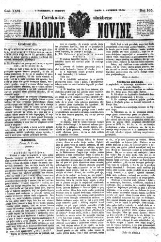 Carsko-kr. službene narodne novine : 26,105(1860)  / odgovorni učrednik Dr. Demeter.