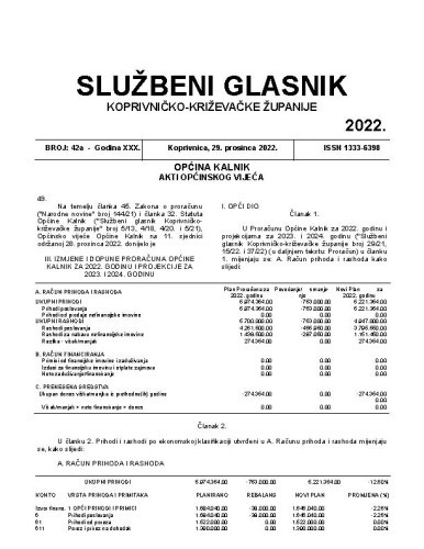 Službeni glasnik Koprivničko-križevačke županije : 30,42a (2022)  / glavni i odgovorni urednik Ljubica Belobrk Flamaceta.
