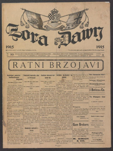 Zora : jedina hrvatska novina u cijeloj Australaziji = The Dawn : the only Croatian newspaper in all Australasia : 3, 33(1915).