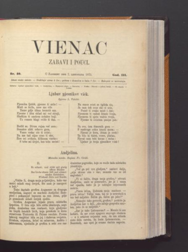 Vienac : zabavi i pouci. : 3,40(1871) / urednik Ivan Dežman.