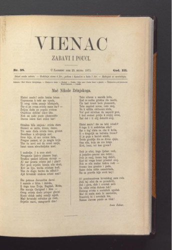 Vienac : zabavi i pouci. : 3,38(1871) / urednik Ivan Dežman.