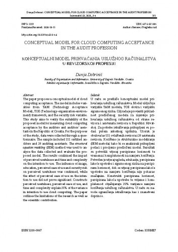 Conceptual model for cloud computing acceptance in the audit profession = Konceptualni model prihvaćanja uslužnog računalstva u revizorskoj profesiji / Dunja Dobrinić.