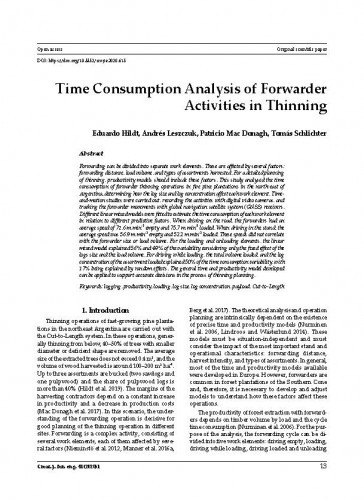 Time consumption analysis of forwarder activities in thinning / Eduardo Hildt, Andrés Leszczuk, Patricio Mac Donagh, Tomás Schlichter.