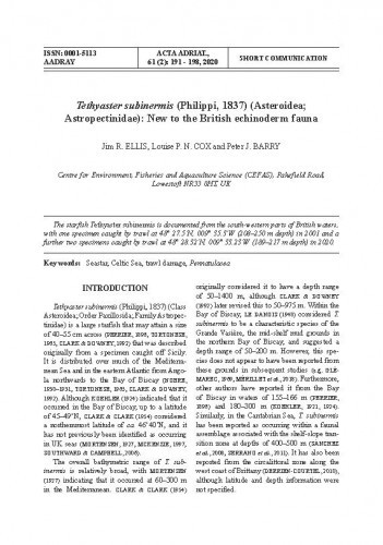 Tethyaster subinermis (Philippi, 1837) (Asteroidea; Astropectinidae) : new to the British echinoderm fauna / Jim R. Ellis, Louise P. N. Cox, Peter J. Barry.