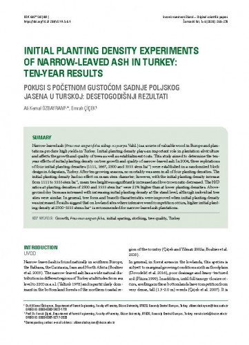 Initial planting density experiments of narrow-leaved ash in Turkey : ten-year results = Pokusi s početnom gustoćom sadnje poljskog jasena u Turskoj : desetogodišnji rezultati / Ali Kemal Özbayram, Emrah Çiçek.