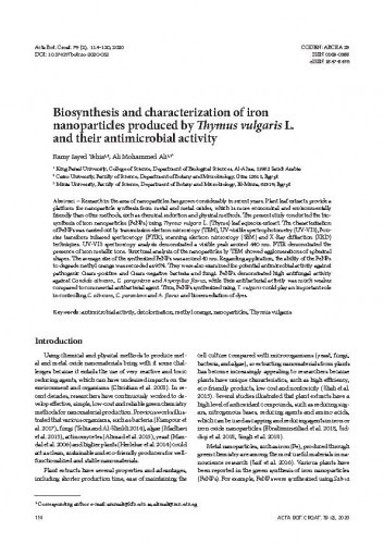 Biosynthesis and characterization of iron nanoparticles produced by Thymus vulgaris L. and their antimicrobial activity / Ramy Sayed Yehia, Ali Mohammed Ali.