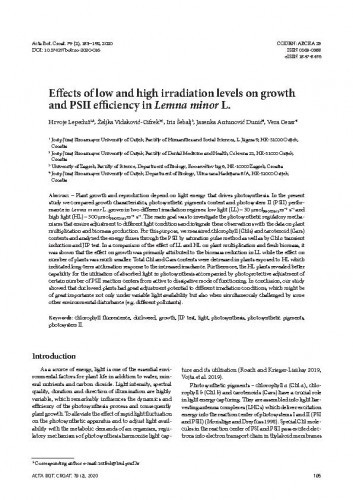 Effects of low and high irradiation levels on growth and PSII efficiency in Lemna minor L. / Hrvoje Lepeduš, Željka Vidaković-Cifrek, Iris Šebalj, Jasenka Antunović Dunić, Vera Cesar.