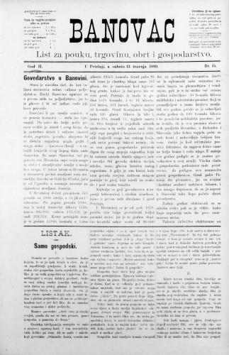 Banovac  : list za pouku, trgovinu, obrt i gospodarstvo : 2,15(1889) / odgovorni urednik Gjuro Kostinčer.