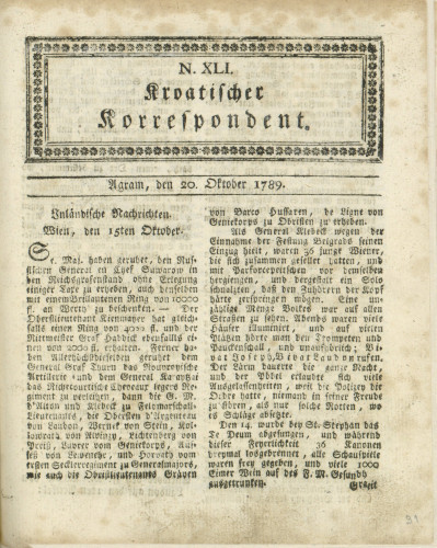 Kroatischer Korrespondent : 1,41(1789)   / [Johann Thomas].