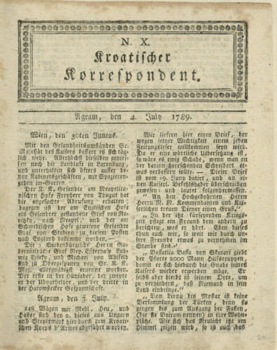 Kroatischer Korrespondent : 1,10(1789)   / [Johann Thomas].