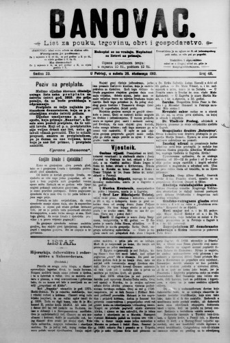 Banovac  : list za pouku, trgovinu, obrt i gospodarstvo : 23,48(1910) / odgovorni urednik Dragutin Benko.