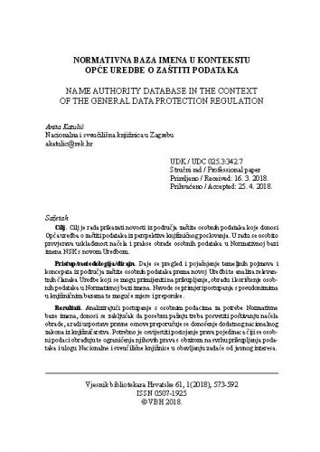 Normativna baza imena u kontekstu Opće Uredbe o zaštiti podataka / Anita Katulić.
