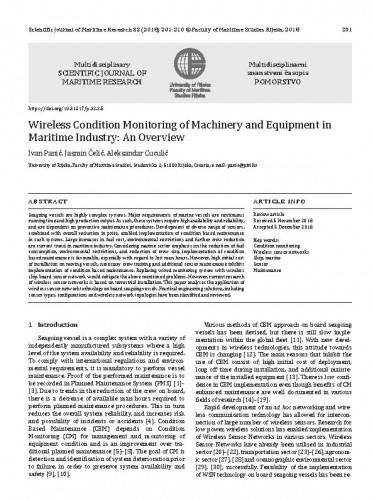 Wireless condition monitoring of machinery and equipment in maritime industry : an overview / Ivan Panić, Jasmin Ćelić, Aleksandar Cuculić.