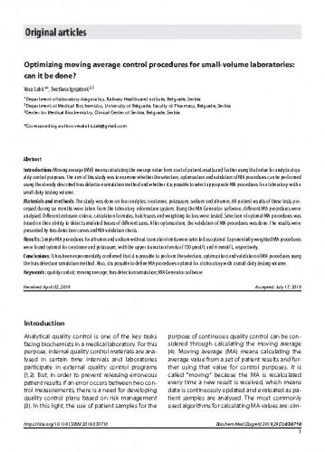 Optimizing moving average control procedures for small-volume laboratories : can it be done? / Vera Lukić, Svetlana Ignjatović.