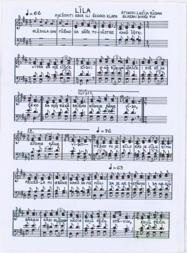 Lila : za mješoviti zbor ili žensku klapu / glazba Dinko Fio ; stihovi Lucija Rudan.