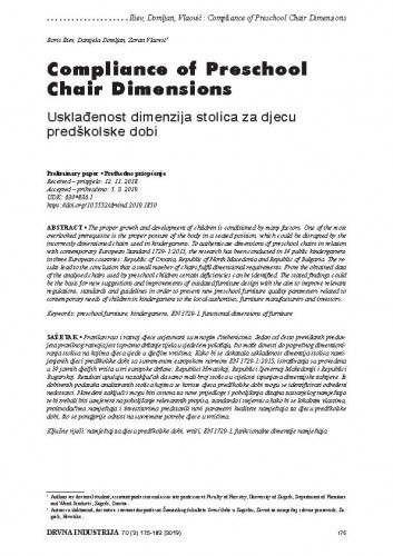 Compliance of preschool chair dimensions = Usklađenost dimenzija stolica za djecu predškolske dobi / Boris Iliev, Danijela Domljan, Zoran Vlaović.