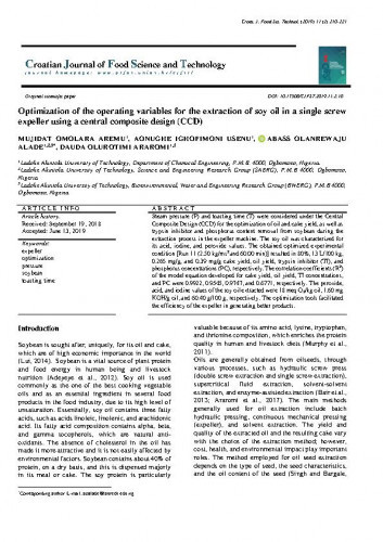 Optimization of the operating variables for the extraction of soy oil in a single screw expeller using a central composite design (CCD) / Mujidat Omolara Aremu, Aonughe Ighofimoni Usenu, Abass Olanrewaju Alade, Dauda Olurotimi Araromi.