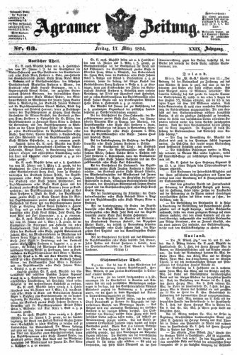 Agramer Zeitung : 29,63(1854) / für die Redaktion verantwortlich Ivan Sonvan. 
