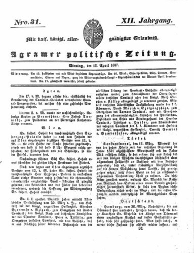 Agramer politische Zeitung : 12,31(1837) / Verlager und Redacteur Franz Stauduar und Ferd. Rosenau.