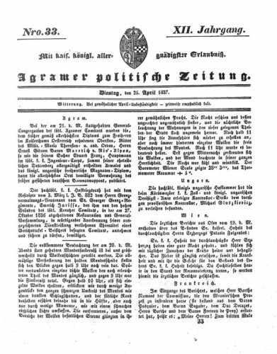 Agramer politische Zeitung : 12,33(1837) / Verlager und Redacteur Franz Stauduar und Ferd. Rosenau.