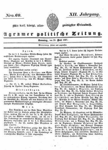 Agramer politische Zeitung : 12,60(1837) / Verlager und Redacteur Franz Stauduar und Ferd. Rosenau.