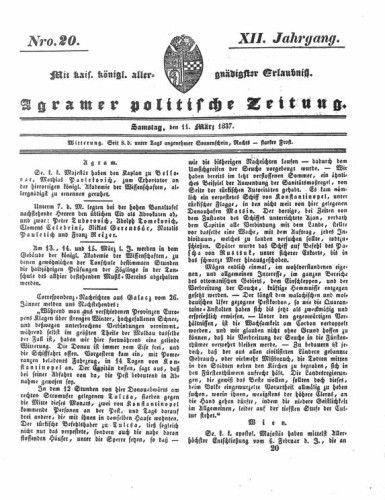 Agramer politische Zeitung : 12,20(1837) / Verlager und Redacteur Franz Stauduar und Ferd. Rosenau.