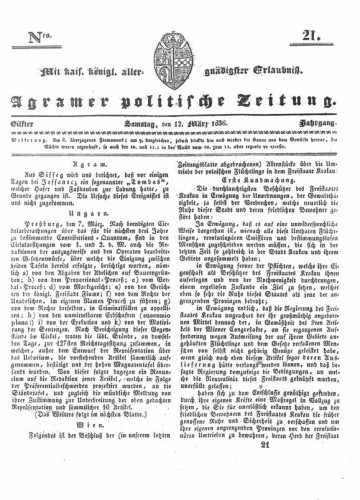 Agramer politische Zeitung : 11,21(1836) / Verlager und Redacteur Franz Stauduar und Ferd. Rosenau.
