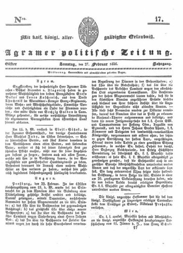 Agramer politische Zeitung : 11,17(1836) / Verlager und Redacteur Franz Stauduar und Ferd. Rosenau.
