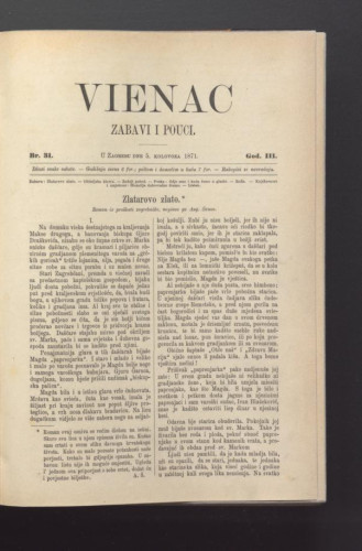 Vienac : zabavi i pouci. : 3,31(1871) / urednik Ivan Dežman.
