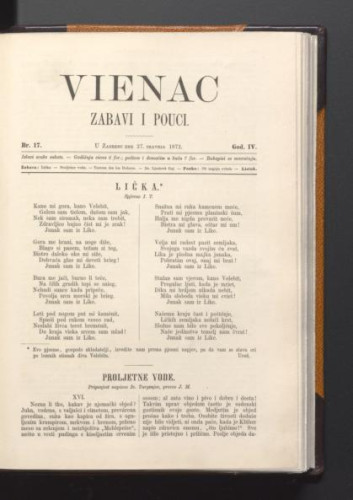 Vienac : zabavi i pouci. : 4,17(1872) / urednici Ivan Dežman i Franjo Marković.