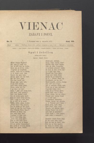 Vienac : zabavi i pouci. : 3,5(1871) / urednici Ivan Perkovac i Ivan Dežman.