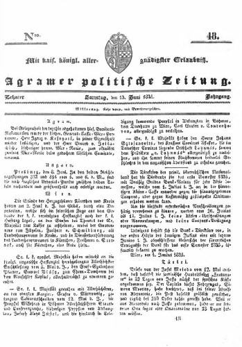 Agramer politische Zeitung : 10,48(1835) / Verlager und Redacteur Franz Stauduar und Ferd. Rosenau.