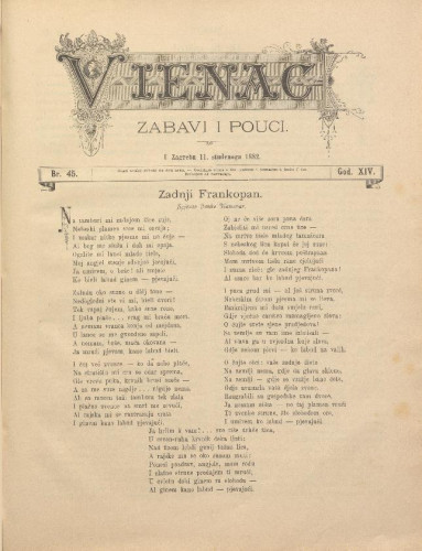 Vienac : zabavi i pouci. : 14,45(1882) / urednik Fran Folnegović.