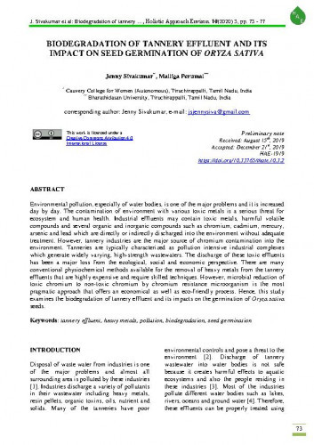 Biodegradation of tannery effluent and its impact on seed germination of Oryza sativa / Jenny Sivakumar, Malliga Perumal.
